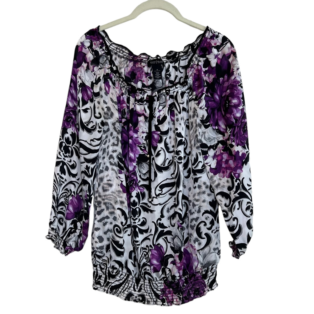 WHBM Womens Chiffon Blouse Medium White Black Purple Blouson Hem 3/4 Sleeve